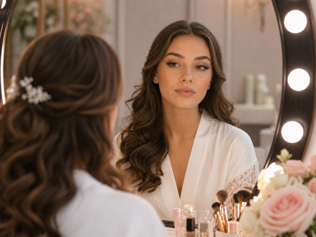 Bride’s Mirror Moment at a Premium Beauty Salon bride getting soft glam makeup at Beauty Salon New Cairo near Fifth Settlement