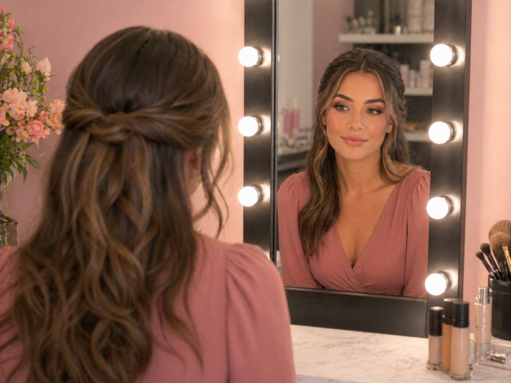 Bridesmaid Glam Reveal at the Vanity Mirror Bridesmaid nails and makeup preparation at Beauty Salon New Cairo