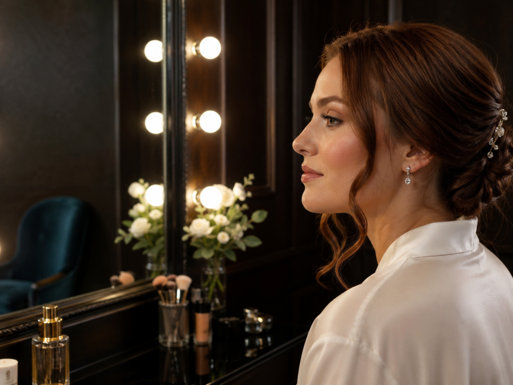Elegant Bridal Makeup Mirror Moment bridal makeup preparation at Beauty Salon New Cairo near AUC and North 90