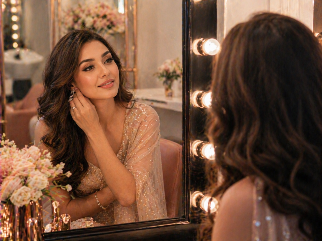 Engagement Look Reflection in a Luxe Salon engagement hair and makeup service near Cairo Festival City and Point 90