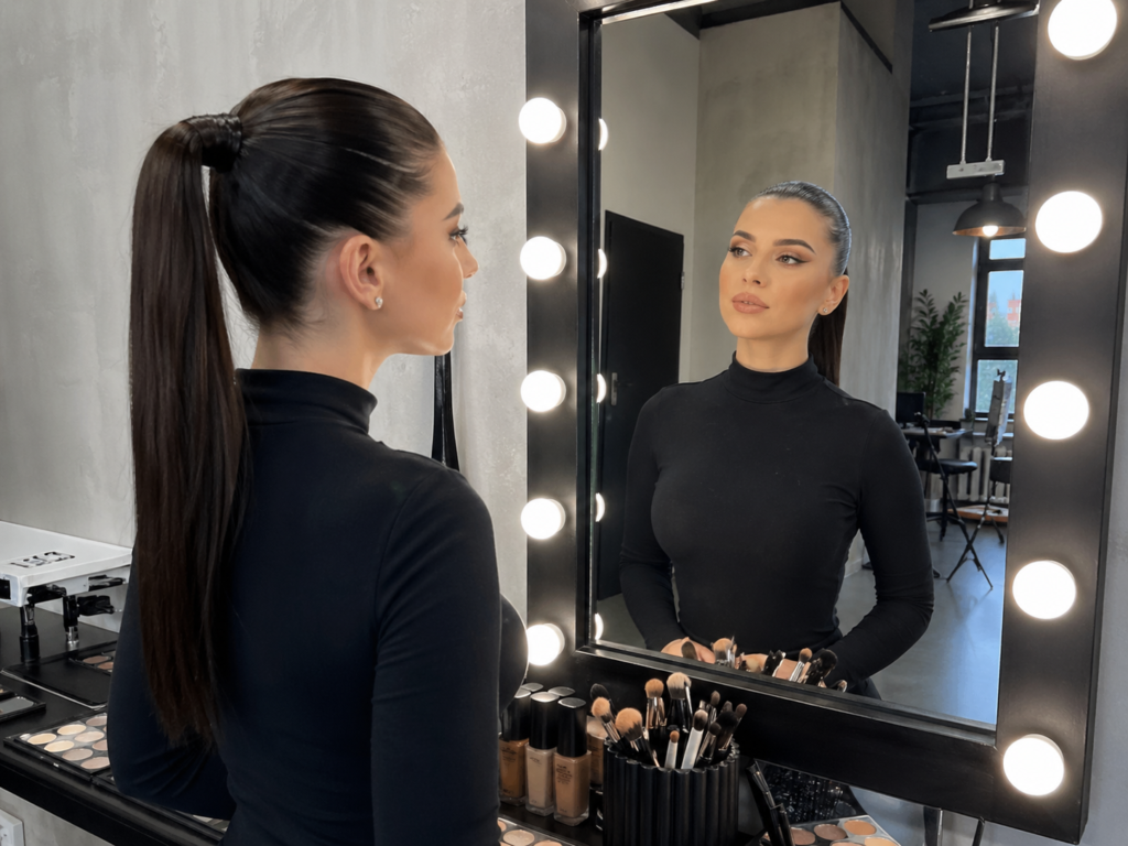 Polished Evening Makeup in a Modern Beauty Studio soft feminine makeup look at beauty salon near Cairo Festival City