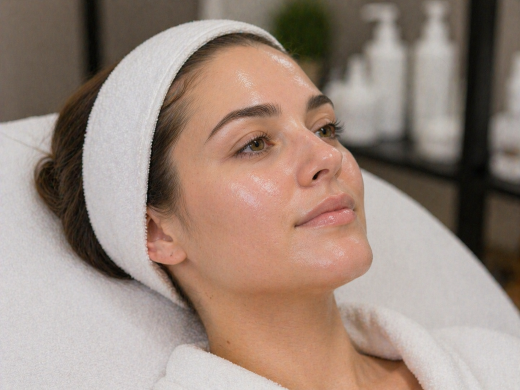 Relaxing post-treatment glow in spa relaxing facial care service at women’s beauty salon near Rehab City
