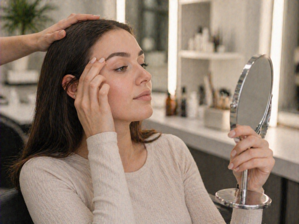 Salon self-care and reflection moment natural eyebrow shaping result at women’s salon near Cairo Festival City