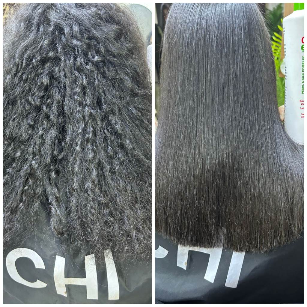 Treatment 1x1 Photo-collage Before and after hair treatment at a beauty salon in New Cairo, showing frizzy, dry hair transformed into smooth, straight, and shiny results using professional products inside the salon.
