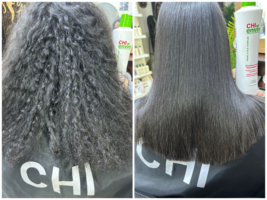 Treatment photo-collage Before and after hair treatment at a beauty salon in New Cairo, showing frizzy, dry hair transformed into smooth, straight, and shiny results using professional products inside the salon.
