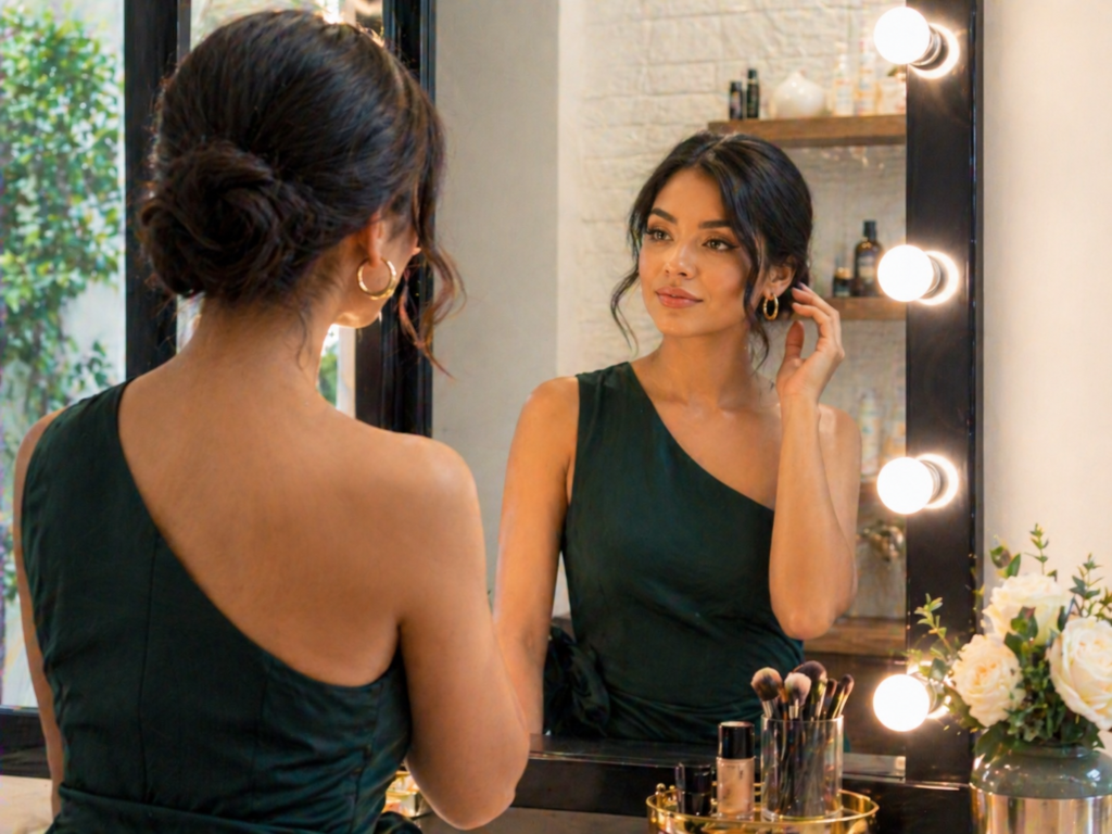 Wedding Guest Glam Reflection in a Beauty Salon Cairo bridal makeup preparation at Sanaa Ahmed Beauty Salon in New Cairo